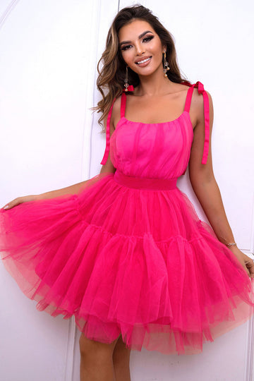 Hot Pink A Line Tyll Söt Homecoming Klänning